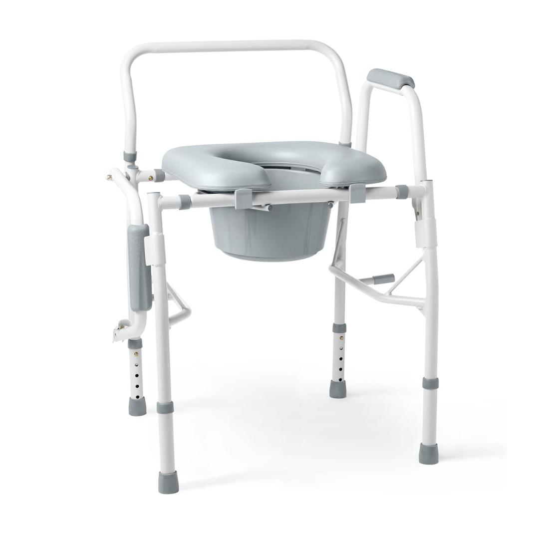 The Medline Steel Drop-Arm Bedside Commode with Padded Seat offers adjustable height, drop arms, a removable bucket, armrests, and four sturdy legs with non-slip tips for portable and accessible bathroom support.