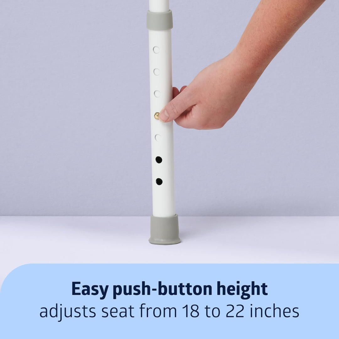 A hand adjusts the Medline Steel Drop-Arm Bedside Commode with Padded Seat using the push-button mechanism. Text below: Easy push-button adjustment sets seat height from 18 to 22 inches.