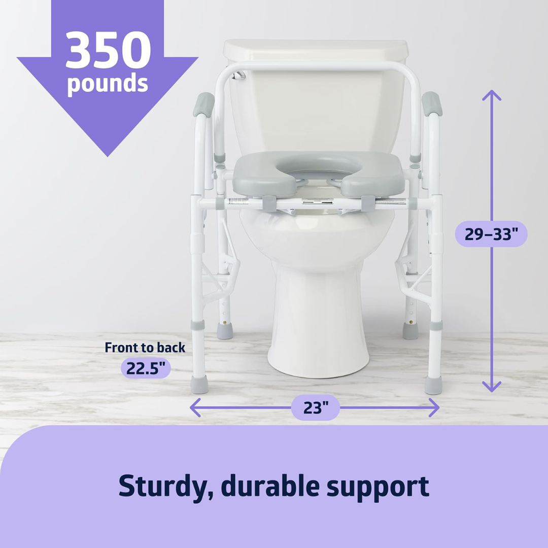 The Medline Steel Drop-Arm Bedside Commode with Padded Seat is shown over a standard toilet. It supports up to 350 lbs, measures 23"W x 22.5"D x 29–33"H, and features sturdy, durable support with convenient armrests.