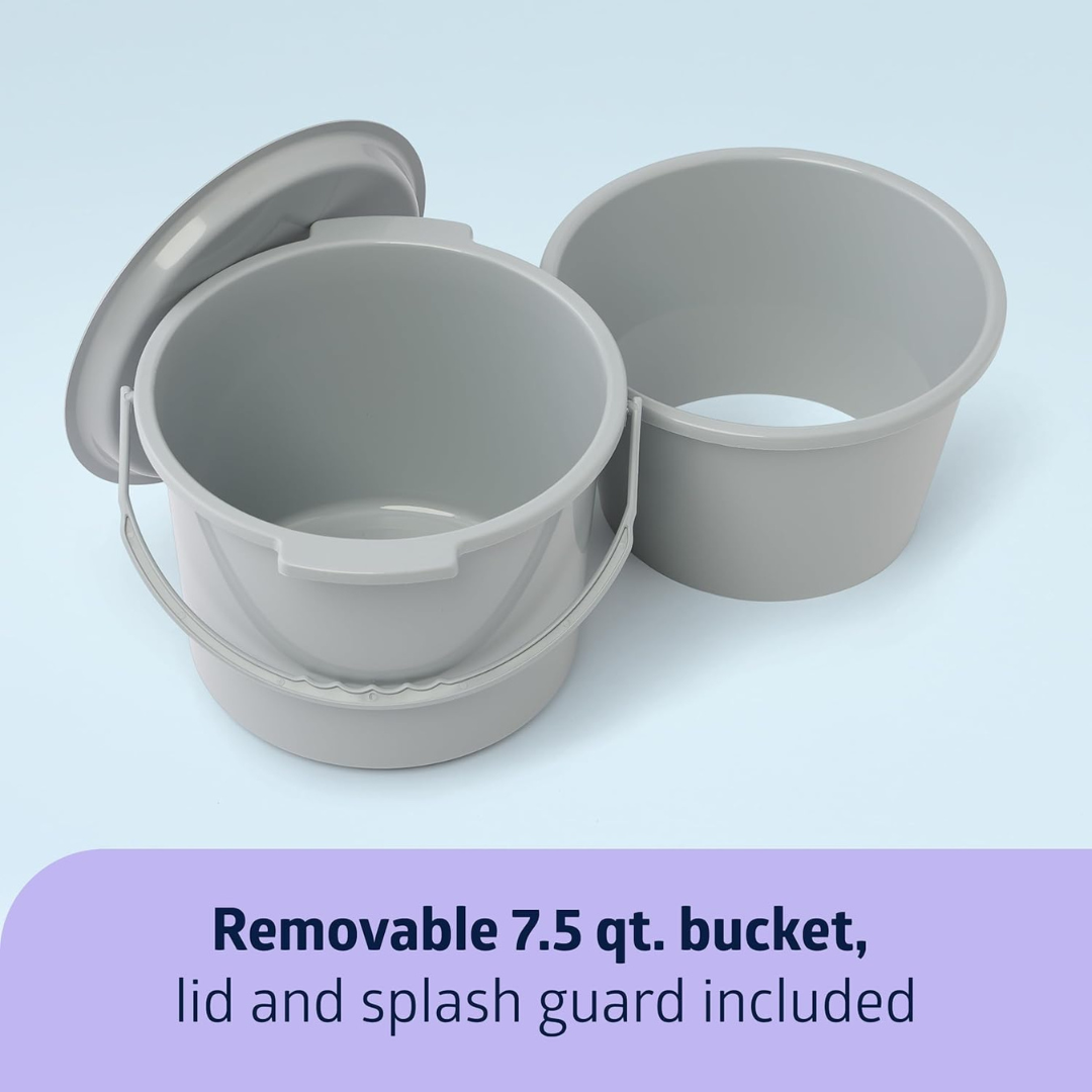 Two gray buckets are shown—one with a handle and open lid, the other without. Text: Medline Steel Drop-Arm Bedside Commode with Padded Seat includes removable 7.5 qt. bucket, lid, and splash guard—ideal for use with the commode chair.