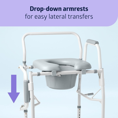 The Medline Steel Drop-Arm Bedside Commode with Padded Seat features drop-down armrests, highlighted by a purple arrow, allowing easy lateral transfers. Its grey padded seat and bucket ensure an accessible toilet chair experience.