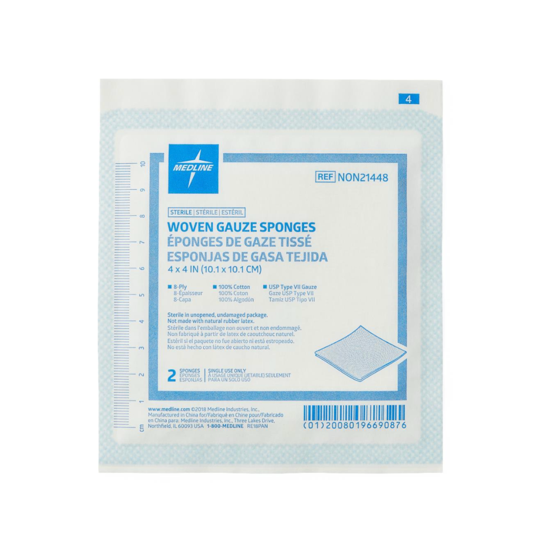 A package of Medline Sterile 100% Cotton Woven Gauze Sponges, 4x4 in, 8-ply, labeled in English, French, and Spanish; two sponges per pouch with blue and white packaging.