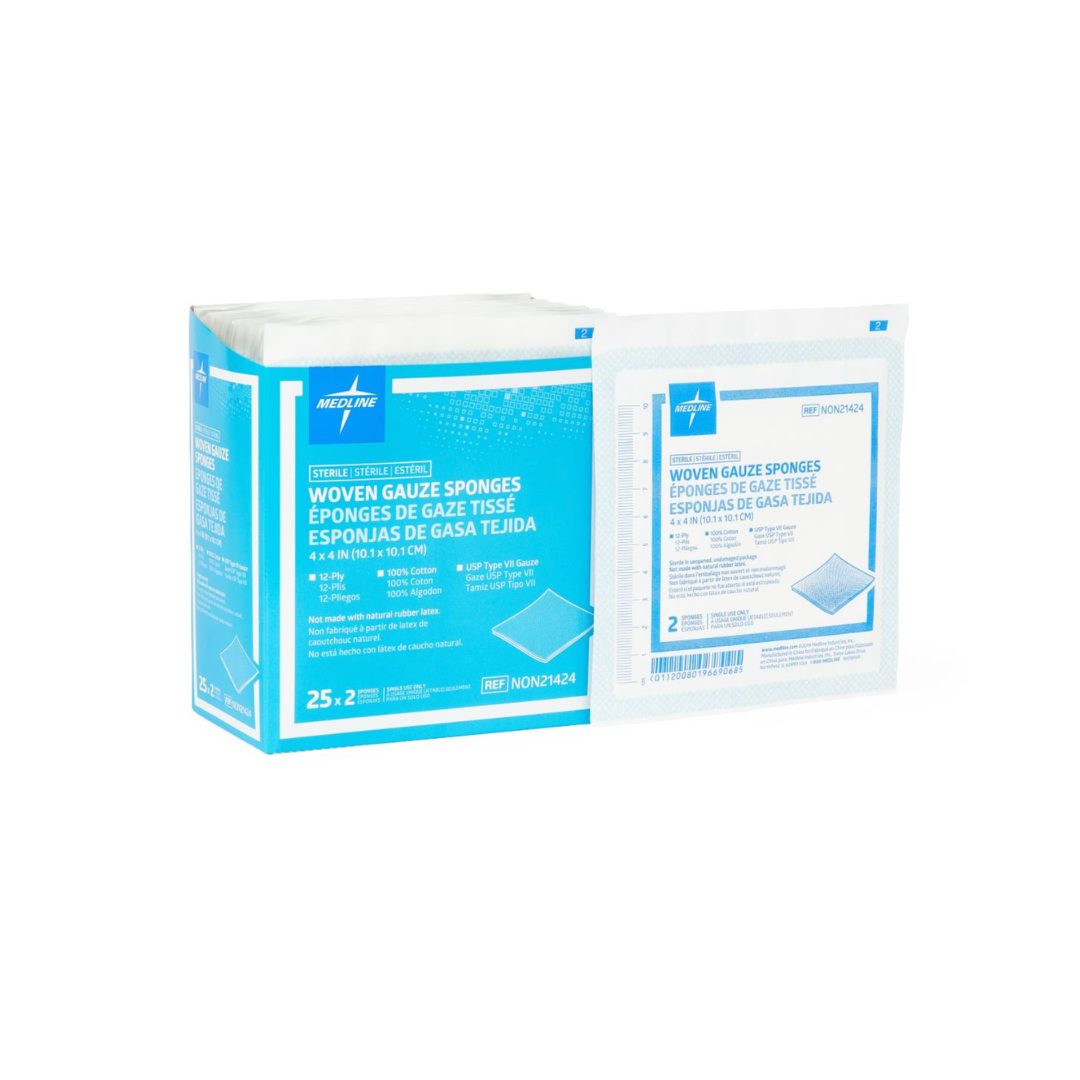 A box of Medline Sterile 100% Cotton Woven Gauze Sponges with one individually wrapped sponge in front. The blue and white packaging displays product details and labeling in English, French, and Spanish.