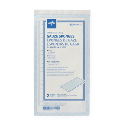 A sealed wrapper of Medline Sterile 100% Cotton Woven Gauze Sponges, labeled in English and Spanish, contains two 8 x 4 in (20.3 x 10.1 cm) 2-ply sponges.