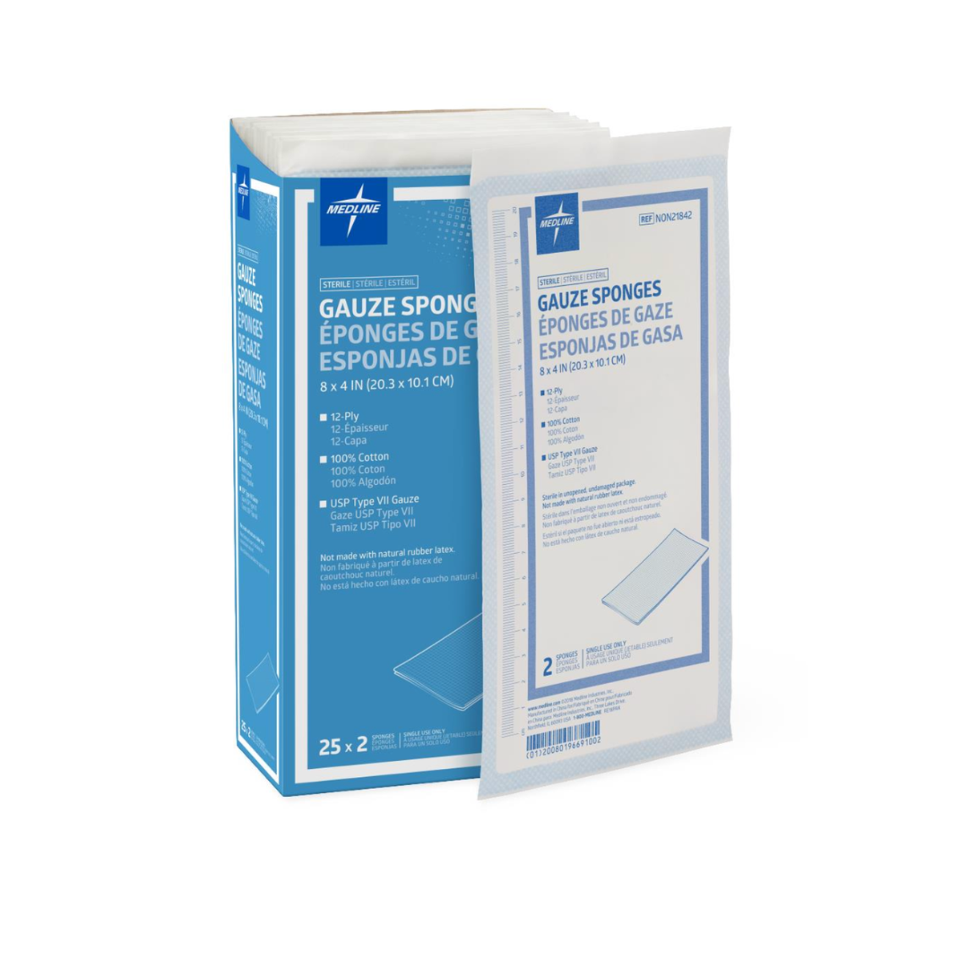 A box of Medline Sterile 100% Cotton Woven Gauze Sponges: 8x4 inch, sterile, 2 sponges per packet, 25 packets per box. Packaging in English, French, and Spanish.