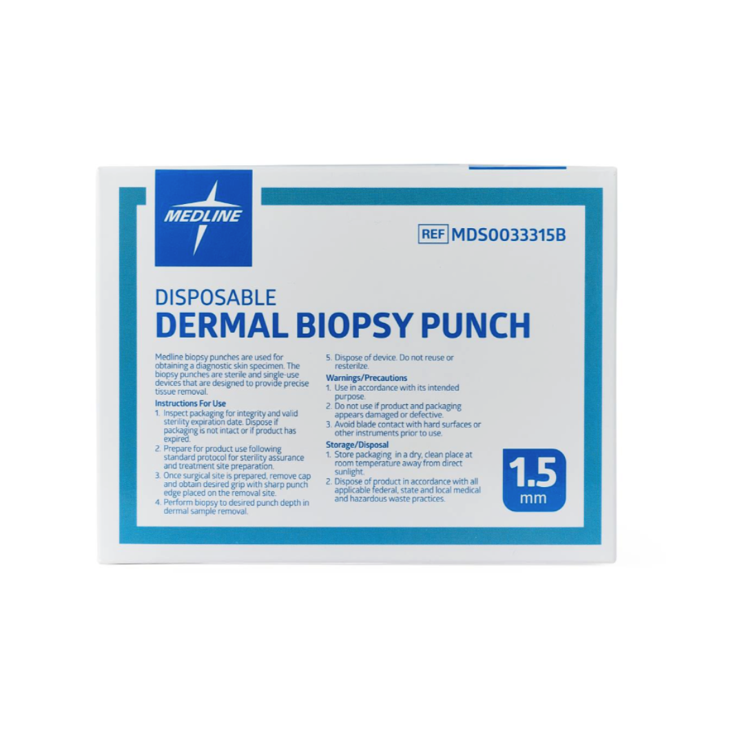 A box of Medline Sterile Biopsy Punches (1.5 mm) displays a blue and white design with product details, warnings, and tissue sampling instructions printed on the front.