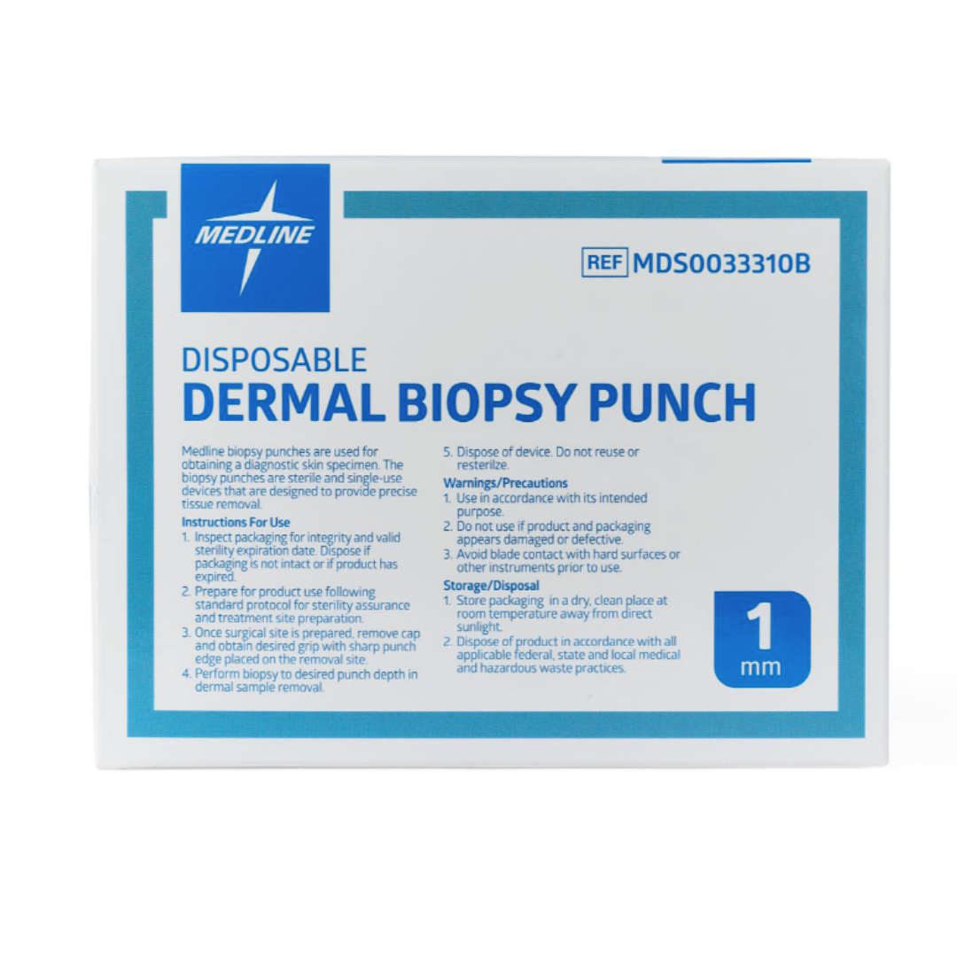 A box labeled Medline Sterile Biopsy Punches, 1 mm. This white medical device with blue accents is designed for tissue sampling and includes instructions and warnings on the front using sterile biopsy punches.