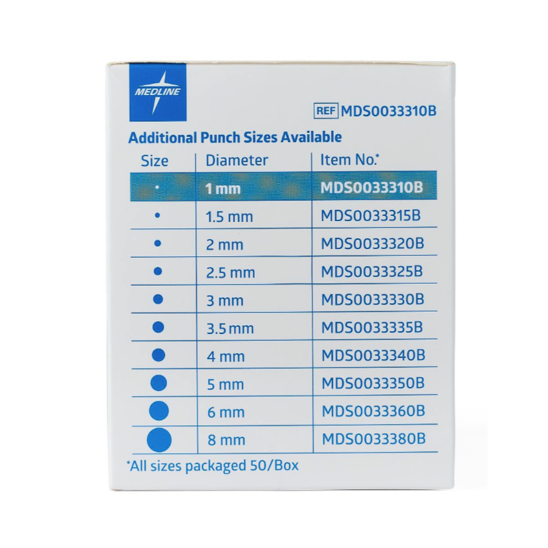 Box label showing Medline Sterile Biopsy Punches for tissue sampling, sizes 1–8 mm diameter, item numbers listed, and each size packaged 50 per box.