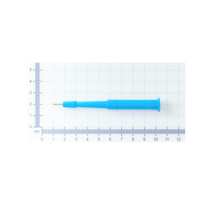 A Medline Sterile Biopsy Punch, about 11 cm long, is placed horizontally on a white gridded surface with centimeter rulers along the edges. The punch resembles a small blue precision screwdriver used in tissue sampling.