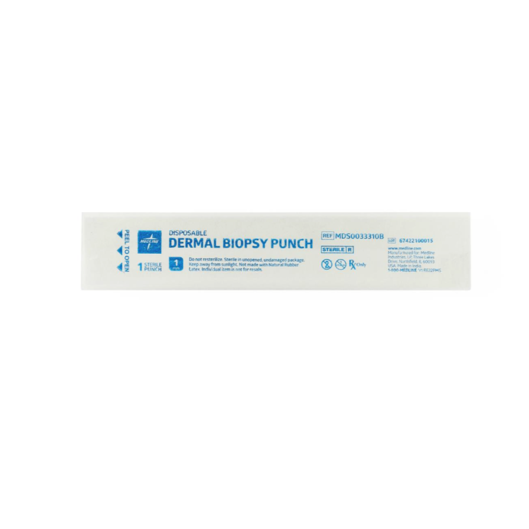 A white package labeled Medline Sterile Biopsy Punches with blue text, symbols, barcode, and lot number is shown on a clean white background—ideal for precise biopsy and tissue sampling.