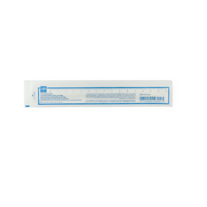 The Medline Sterile Cotton-Tipped Applicator pairs well with a clear plastic ruler in its packaging, featuring centimeter and inch markings, blue text, and a barcode—perfect for precise measurements in clinical settings.
