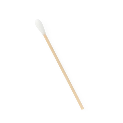 A Medline Sterile Cotton-Tipped Applicator, featuring a wooden stick and a white cotton tip, lies on a plain white background; it's commonly used as a medical swab in clinical environments.