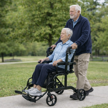An older man pushes another older man in a Medline Euro Translator Hybrid Transport Chair and Rollator along a paved park path, surrounded by green grass and trees on a cloudy day.