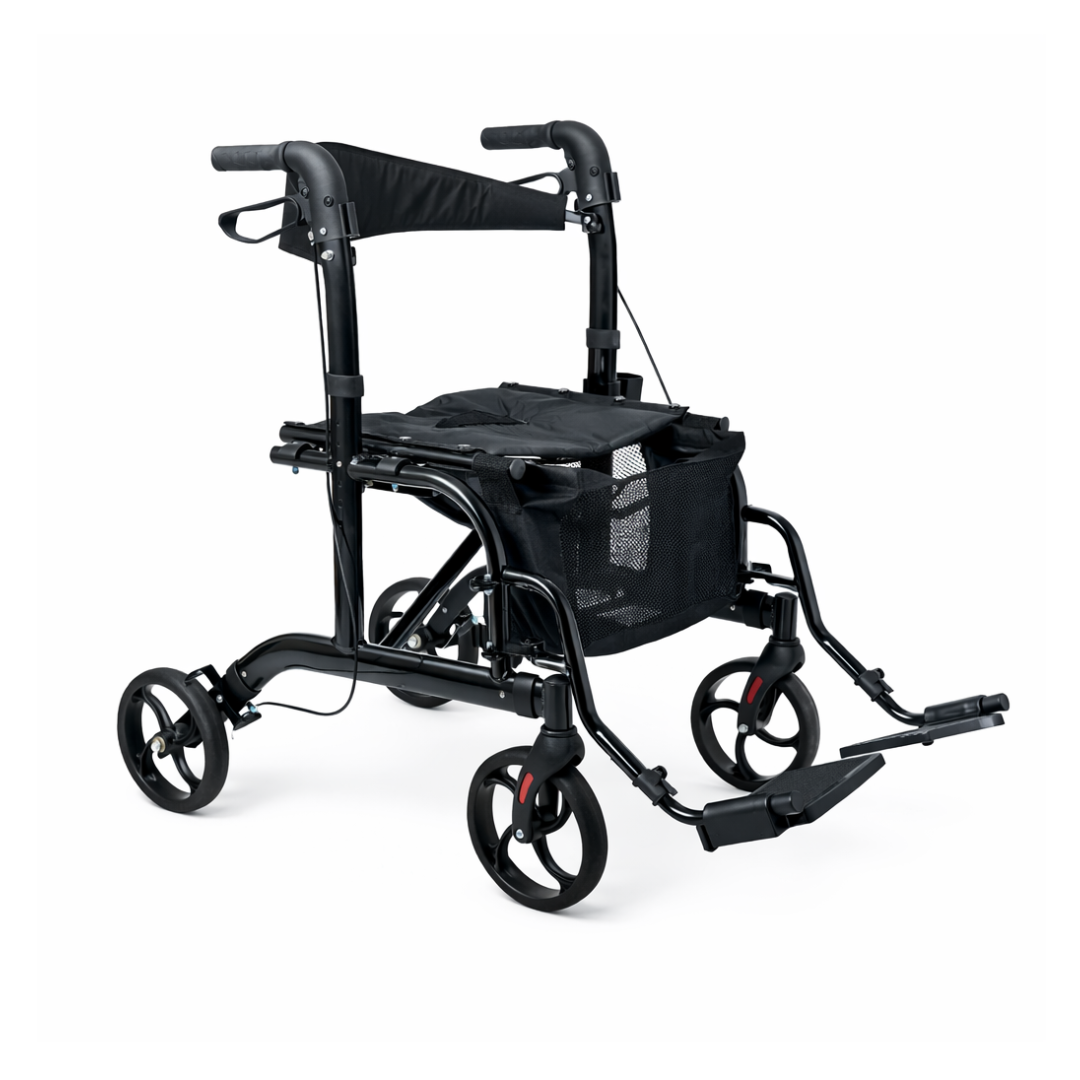 The Medline Euro Translator Hybrid Transport Chair and Rollator is a lightweight 2-in-1 mobility aid with four wheels, padded seat, storage pouch, handlebars with brakes, and footrests for support and easy transport.