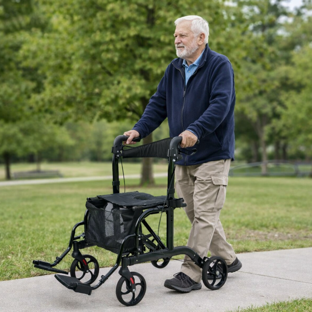 An older man with gray hair and a beard walks outdoors on a sidewalk using a Medline Euro Translator Hybrid Transport Chair and Rollator. He wears a navy jacket, beige pants, and brown shoes, with green grass and trees behind him.
