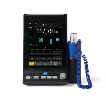 A Medline Vital Signs Monitor with Blood Pressure and SpO2 displaying key information such as blood pressure, heart rate, and oxygen saturation, with a blue blood pressure cuff attached on the right side.