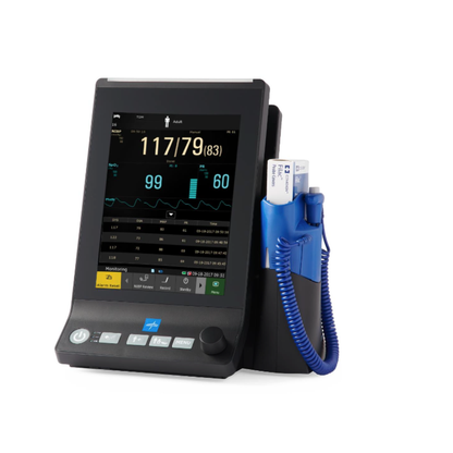 The Medline Vital Signs Monitor with Blood Pressure and SpO2 displays blood pressure, pulse, and oxygen levels, featuring attached accessories and cables on the side, set against a white background.