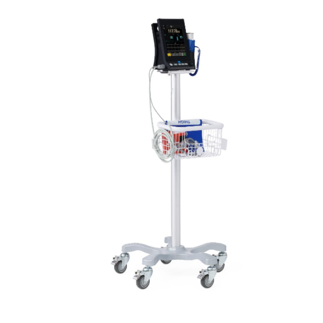 The Medline Vital Signs Monitor with Blood Pressure and SpO₂ is a versatile device mounted on a wheeled stand, featuring a display screen, various cables, and a basket for medical supplies. It offers integrated SpO₂ monitoring and blood pressure measurement capabilities for comprehensive patient assessment.