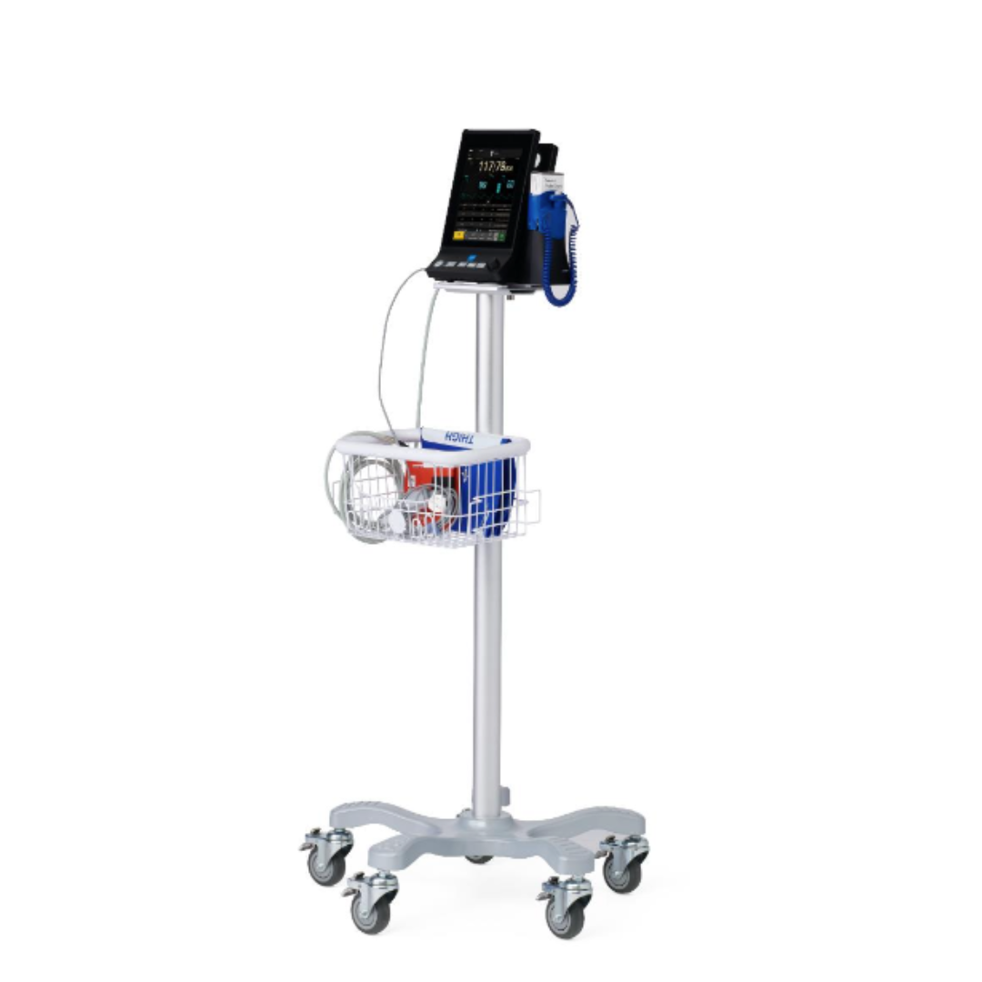The Medline Vital Signs Monitor with Blood Pressure and SpO₂ features a wheeled stand, display screen, cables, and a supply basket—making it ideal for monitoring blood pressure or SpO₂ in clinical environments.