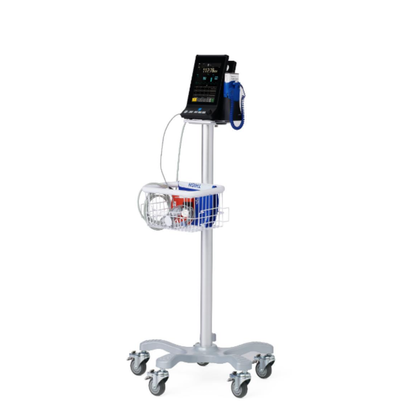 The Medline Vital Signs Monitor with Blood Pressure and SpO₂ features a wheeled stand, display screen, cables, and a supply basket—making it ideal for monitoring blood pressure or SpO₂ in clinical environments.