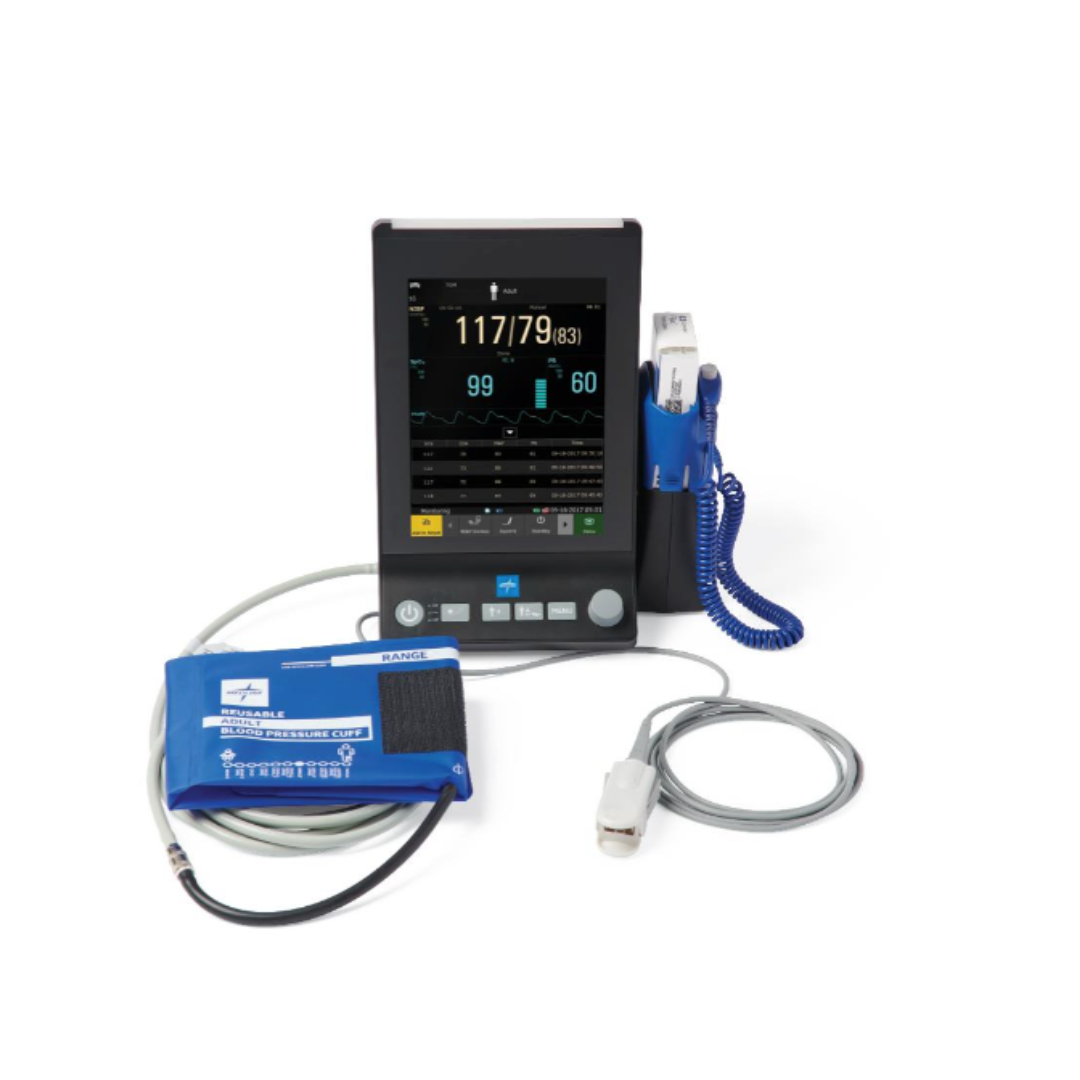 The Medline Vital Signs Monitor with Blood Pressure and SpO2 displays measurements such as blood pressure, heart rate, and oxygen saturation, functioning as both a blood pressure and SpO₂ monitor with attached sensors and cables on a white background.