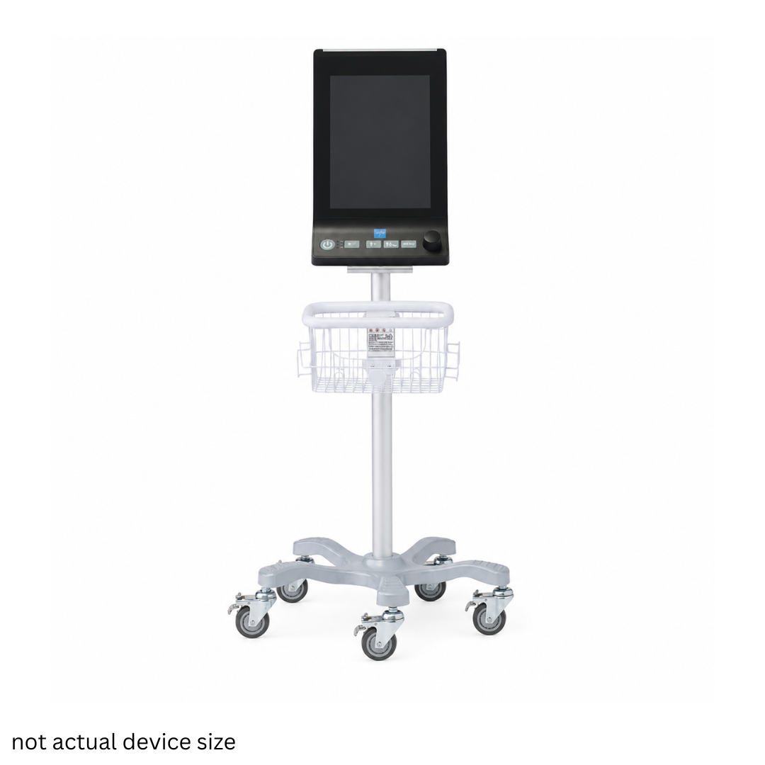 A Medline Vital Signs Monitor with Blood Pressure and SpO2, mounted on a wheeled stand with a screen, control panel, and an under-mounted wire basket; similar in function to a medical ventilator. Text at the bottom reads: not actual device size.