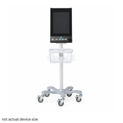 A Medline Vital Signs Monitor with Blood Pressure and SpO2, mounted on a wheeled stand with a screen, control panel, and an under-mounted wire basket; similar in function to a medical ventilator. Text at the bottom reads: not actual device size.