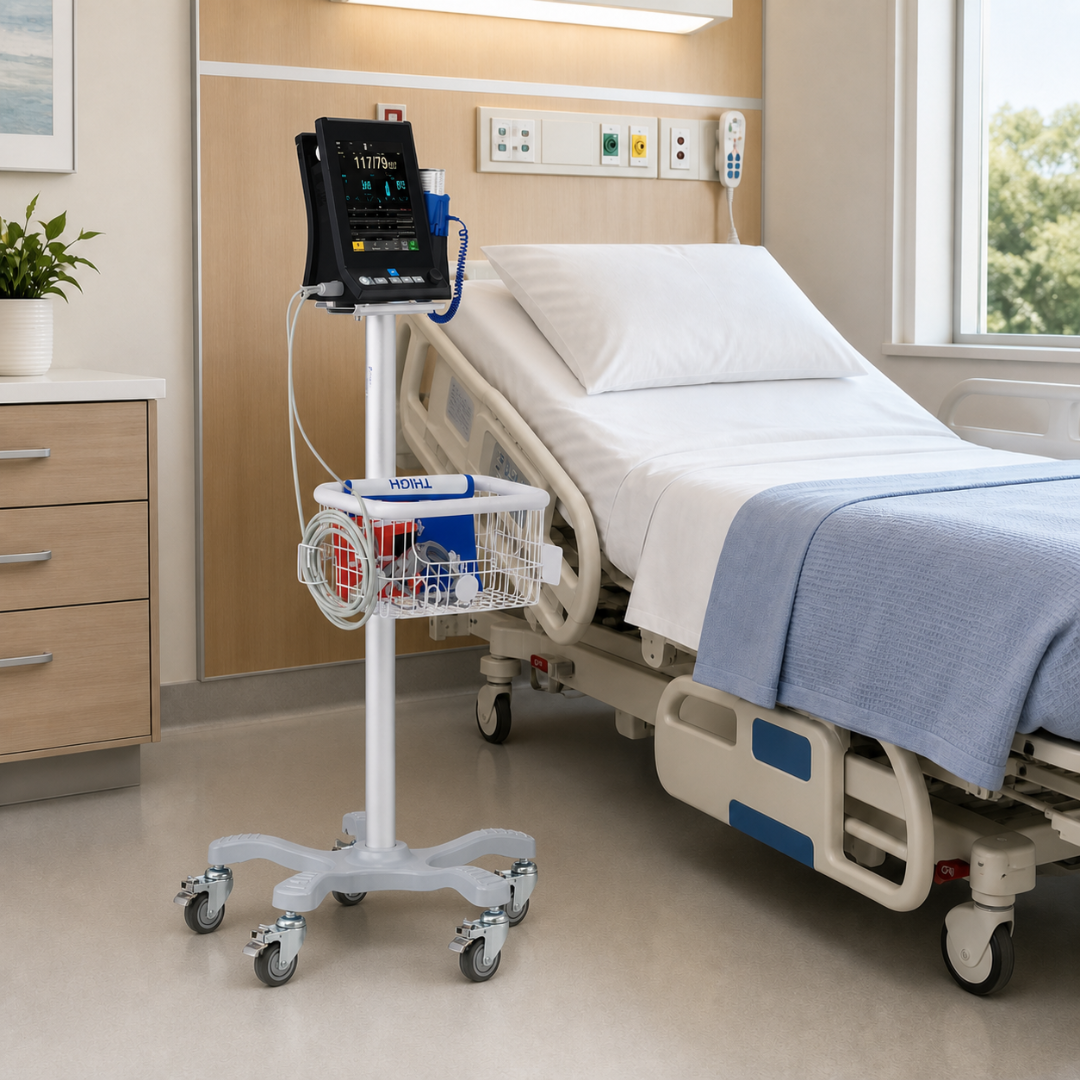 A hospital room with an empty bed, a folded blue blanket, a Medline Vital Signs Monitor with Blood Pressure and SpO2 on a stand, and a window showing greenery outside. The room appears clean and well-lit.