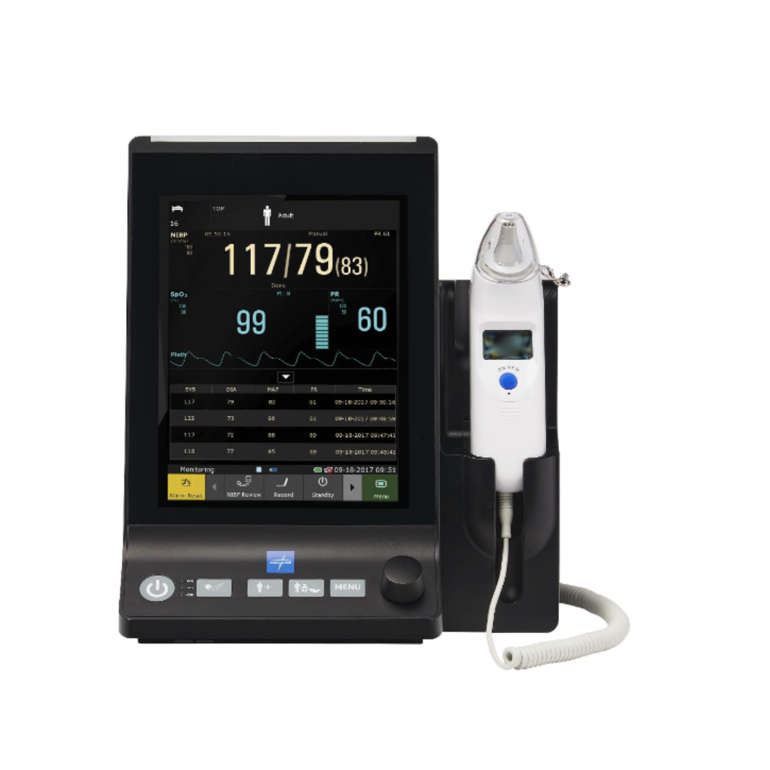 The Medline Vital Signs Monitor with Blood Pressure and SpO2 displays readings of blood pressure, oxygen saturation (SpO₂), and pulse rate on its screen. This advanced monitor features a handheld device attached to the right side of the unit.