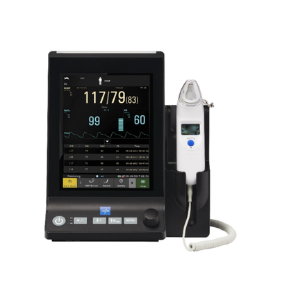 The Medline Vital Signs Monitor with Blood Pressure and SpO2 displays readings of blood pressure, oxygen saturation (SpO₂), and pulse rate on its screen. This advanced monitor features a handheld device attached to the right side of the unit.