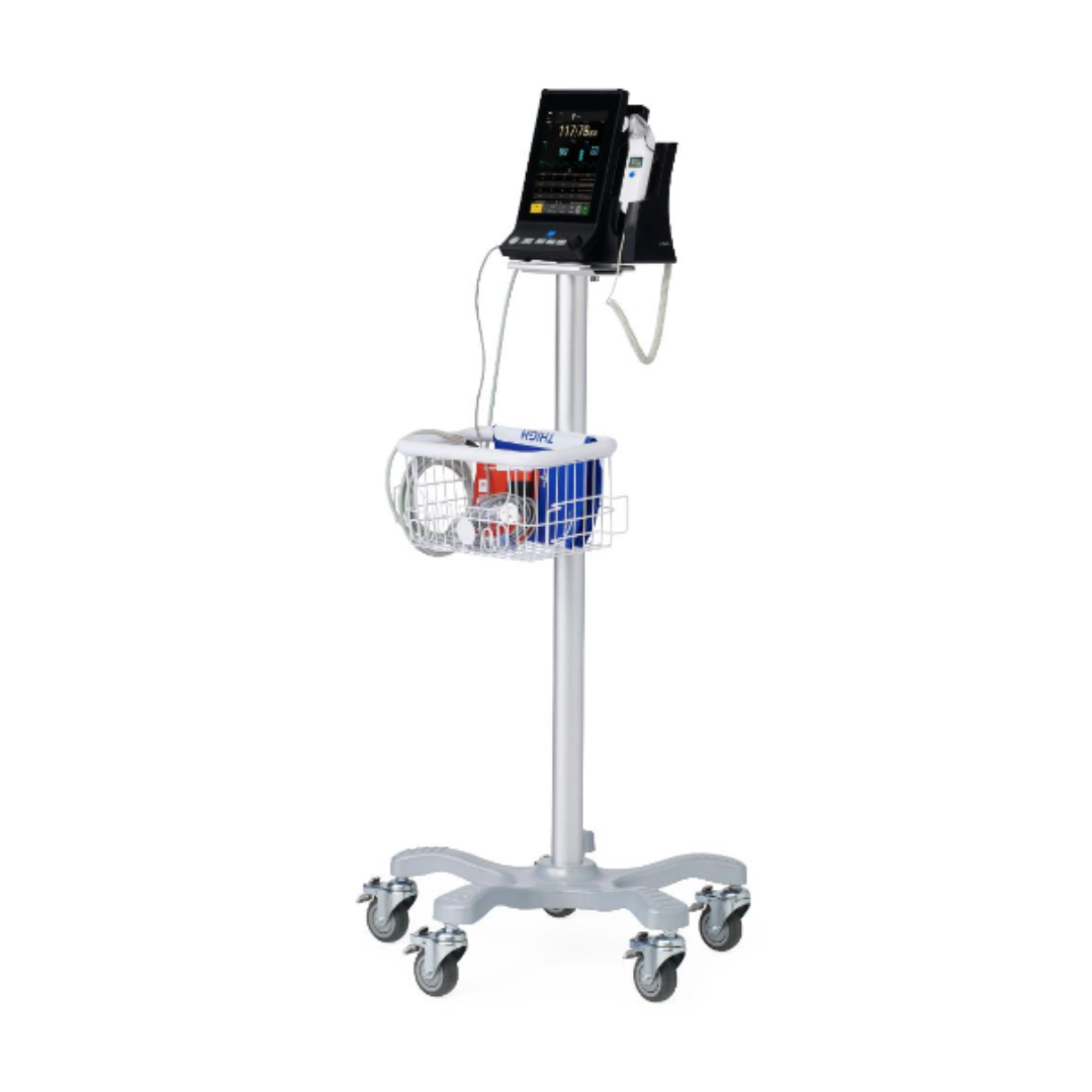 The Medline Vital Signs Monitor with Blood Pressure and SpO₂ is a portable device mounted on a sturdy base with four caster wheels, featuring a display screen, wired sensors for blood pressure and SpO₂ measurement, and an integrated storage basket.