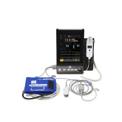 The Medline Vital Signs Monitor with Blood Pressure and SpO₂ is shown with its attached cables, a blue blood pressure cuff, a finger pulse oximeter sensor, and additional medical accessories arranged on a white background.