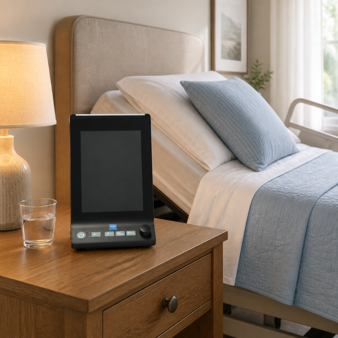 A hospital bed with light blue bedding is next to a wooden nightstand holding a Medline Vital Signs Monitor with Blood Pressure and SpO2, a lamp, and a glass of water. The room looks bright and comfortable.
