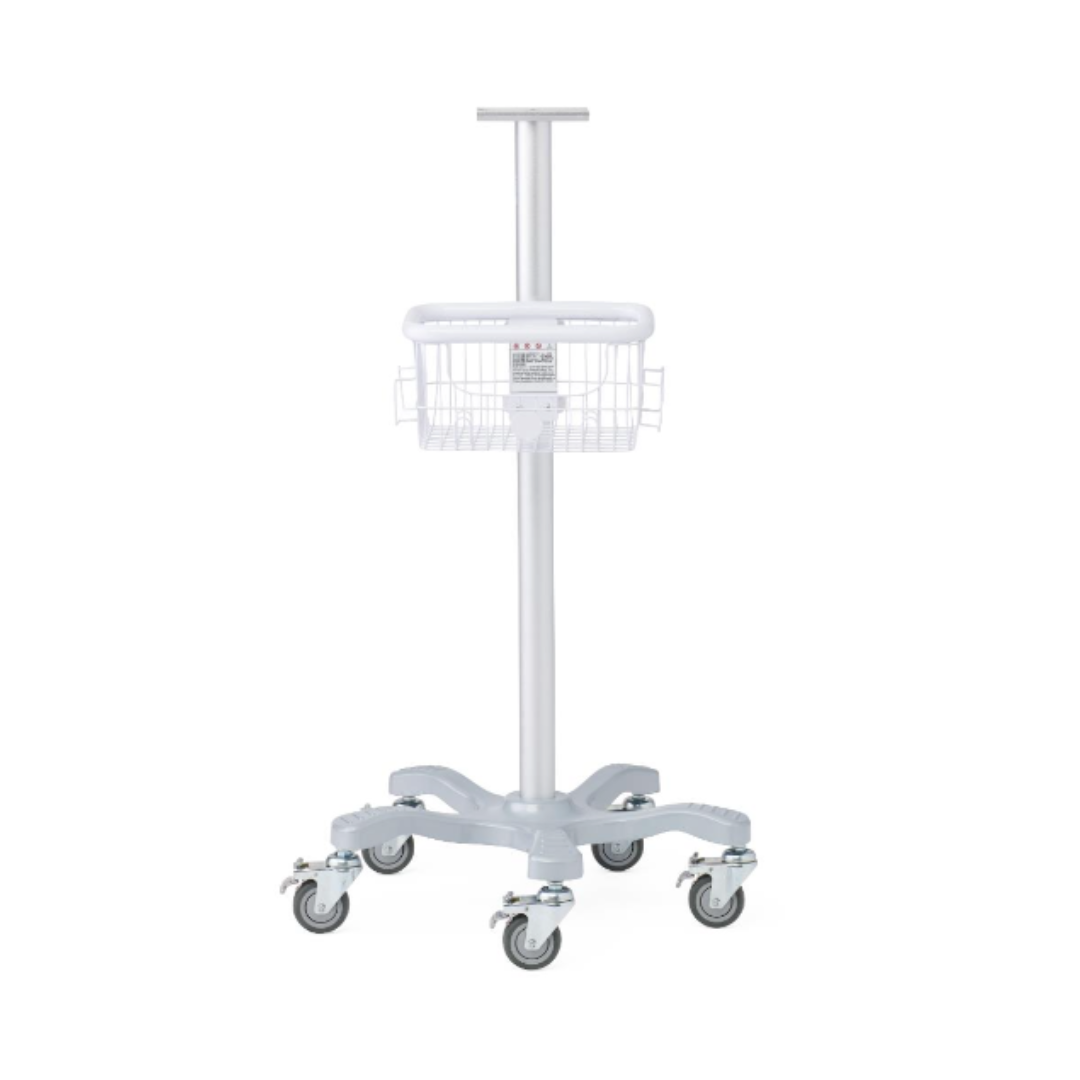 A Medline Vital Signs Monitor with Blood Pressure and SpO₂ mounted on a medical rolling stand featuring five caster wheels, a central pole, a small wire basket positioned midway up, and a handle on top—designed for securely holding and transporting vital signs monitors or other essential medical equipment.