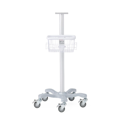 A Medline Vital Signs Monitor with Blood Pressure and SpO₂ mounted on a medical rolling stand featuring five caster wheels, a central pole, a small wire basket positioned midway up, and a handle on top—designed for securely holding and transporting vital signs monitors or other essential medical equipment.