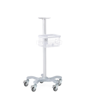 A white medical equipment cart with four wheels, a metal pole, a small wire basket midway up, and a flat top surface—designed for mobility and convenient storage of devices such as the Medline Vital Signs Monitor with Blood Pressure and SpO2 in clinical settings.