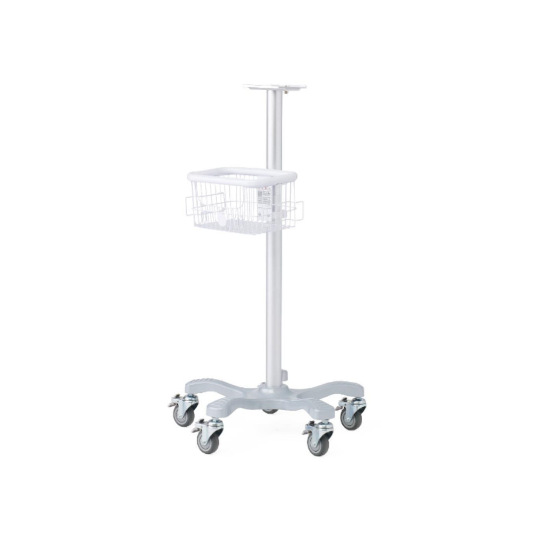 A white Medline Vital Signs Monitor with Blood Pressure and SpO₂, mounted on a medical rolling cart with four caster wheels, a central vertical pole, an attached small wire basket, and a flat top mount for equipment.