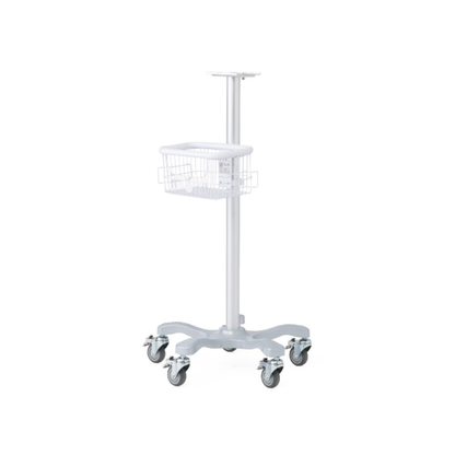 A white Medline Vital Signs Monitor with Blood Pressure and SpO₂, mounted on a medical rolling cart with four caster wheels, a central vertical pole, an attached small wire basket, and a flat top mount for equipment.