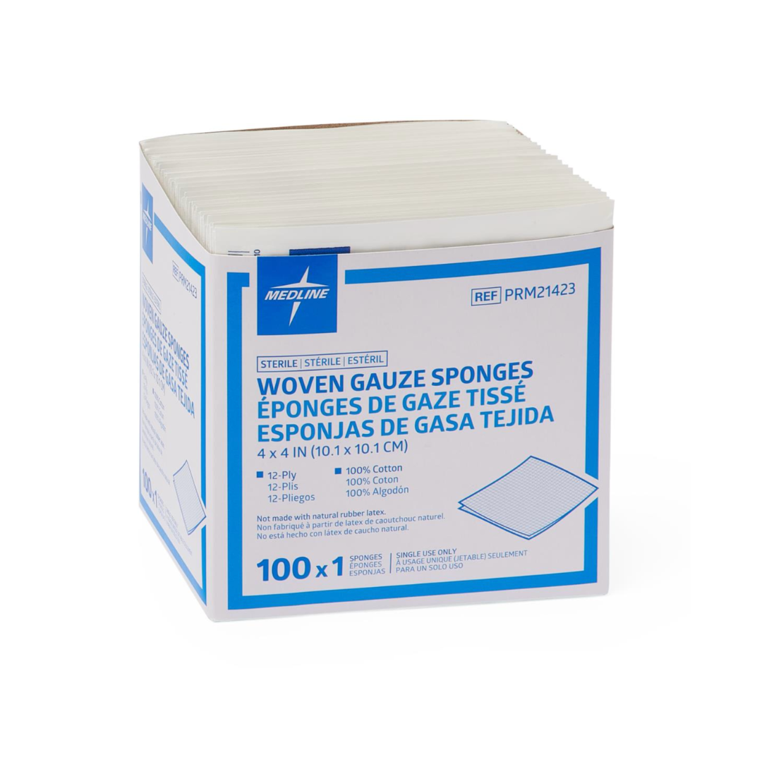 A box of Medline Woven Sterile Gauze Sponges, 4"x4", 12-ply, 100% cotton. Contains 100 sterile sponges in a white package with blue text and product details in English, French, and Spanish.
