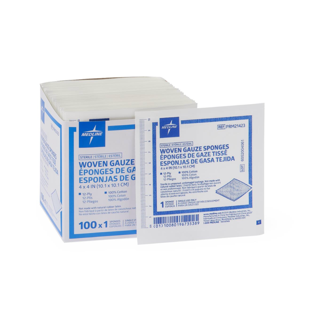 A box of Medline Woven Sterile Gauze Sponges, 4"x4", white with blue text, is shown with a single packet in front; contains 100 sterile, single-use packets.