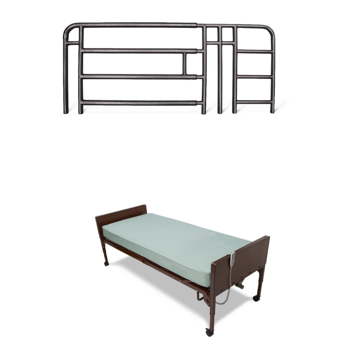 A Medline Homecare Semi-Electric Bed with a 15-20 height range features a metal hospital bed rail, a green mattress, and a wooden frame on wheels.