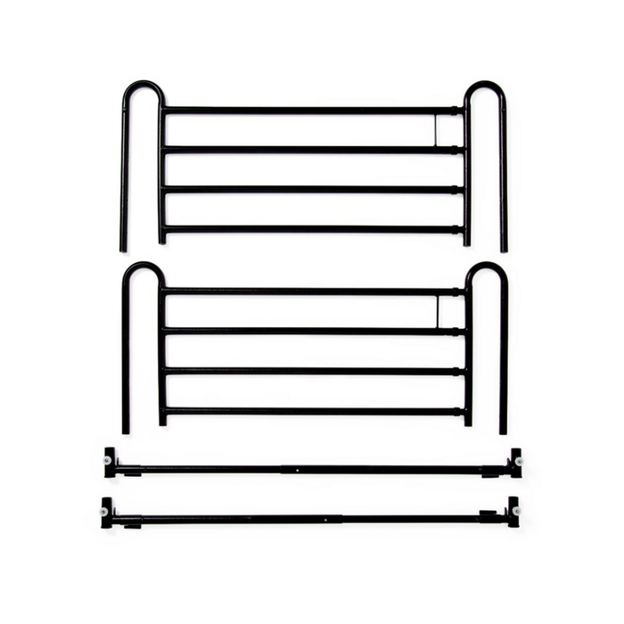 Medline Bed Rails for Medline Homecare Beds—two black metal rails with vertical supports and horizontal bars, shown disassembled with all parts on a white background—are designed for tool-free installation to improve patient safety.