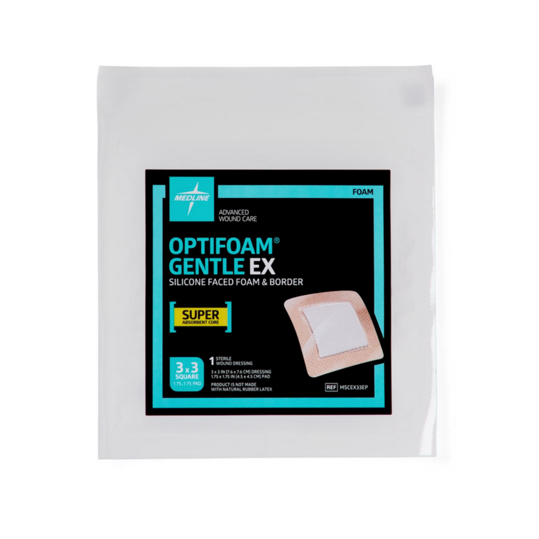 A white package labeled Medline Optifoam Gentle EX Silicone-Faced Foam Wound Dressings with a photo of 3.3 x 3.3 in dressings, superabsorbent core, and 3 sterile silicone-faced foam dressings per box for advanced wound care.