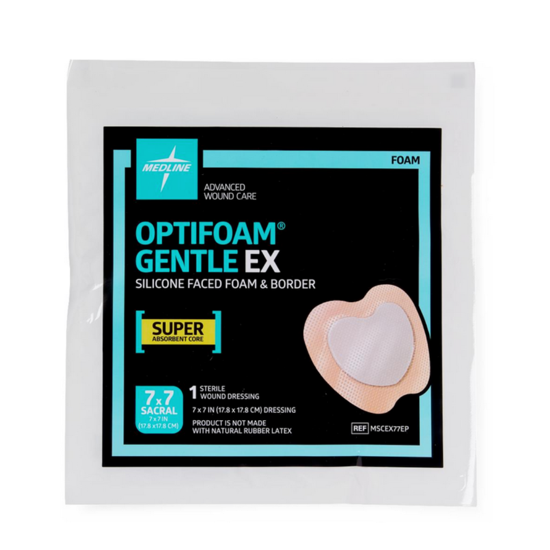 A sealed package of Medline Optifoam Gentle EX Silicone-Faced Foam Wound Dressings, 7 x 7 in, featuring a heart-shaped pad, beige border, and “SUPER ABSORBENT CORE” as highlighted on the packaging.