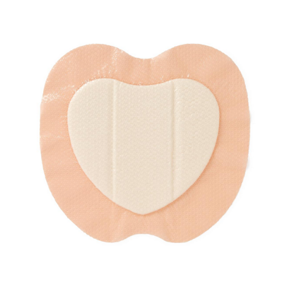 The Medline Optifoam Gentle EX Silicone-Faced Foam Wound Dressing is heart-shaped with a beige border, white padded center, advanced wound care features, and a superabsorbent core, shown against a white background.