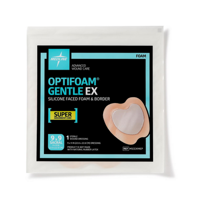 Medline Optifoam Gentle EX Silicone-Faced Foam Wound Dressings, 9x9 cm, feature a heart-shaped design and a superabsorbent core labeled "super absorbent" for advanced wound care.