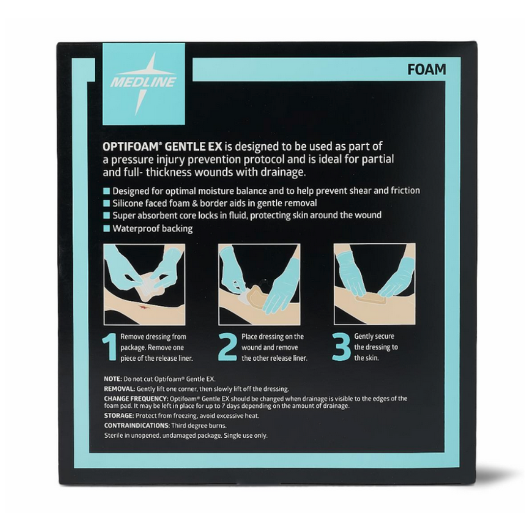 Medline Optifoam Gentle EX Silicone-Faced Foam Wound Dressings box features instructions and wound dressing illustrations, with key benefits like a superabsorbent core listed on a black background with blue and white accents.
