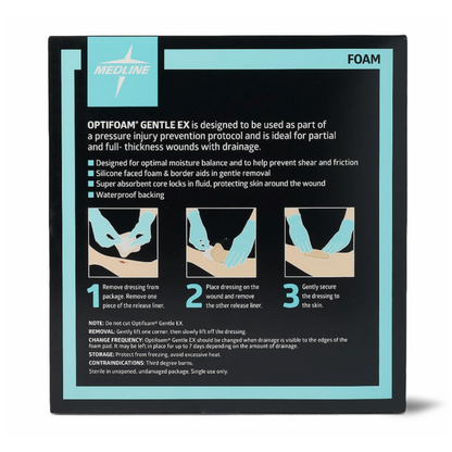 Medline Optifoam Gentle EX Silicone-Faced Foam Wound Dressings box features instructions and wound dressing illustrations, with key benefits like a superabsorbent core listed on a black background with blue and white accents.