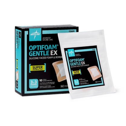 A box and single packet of Medline Optifoam Gentle EX Silicone-Faced Foam Wound Dressings for advanced wound care, with dressing images, product details, and emphasis on the superabsorbent core shown on the packaging.