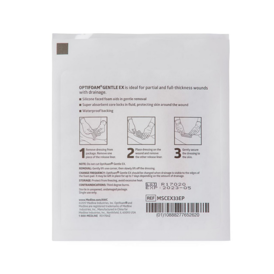 A white package of Medline Optifoam Gentle EX Silicone-Faced Foam Wound Dressings features brown application instructions and diagrams, a superabsorbent core, waterproof backing, product details, and a barcode at the bottom.